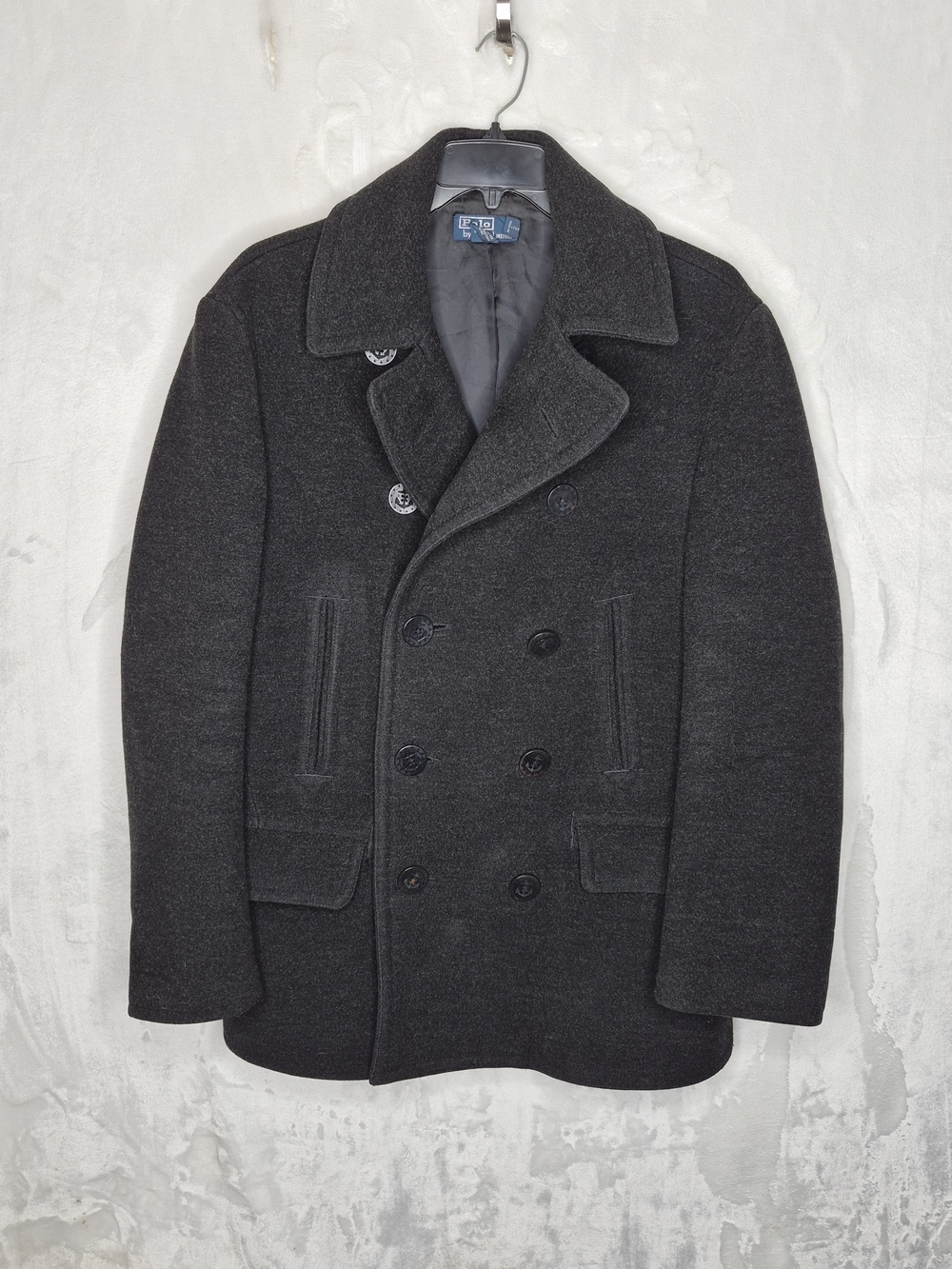 Vintage Polo Ralph Lauren Charcoal Wool Double Breasted Naval Peacoat Size Large